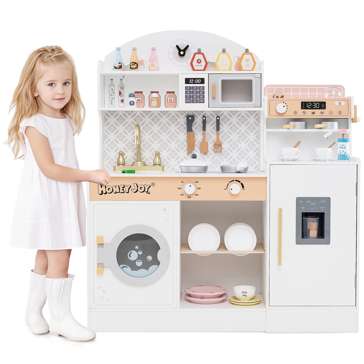 Wooden Kitchen Playset with Clock and Microwave-White