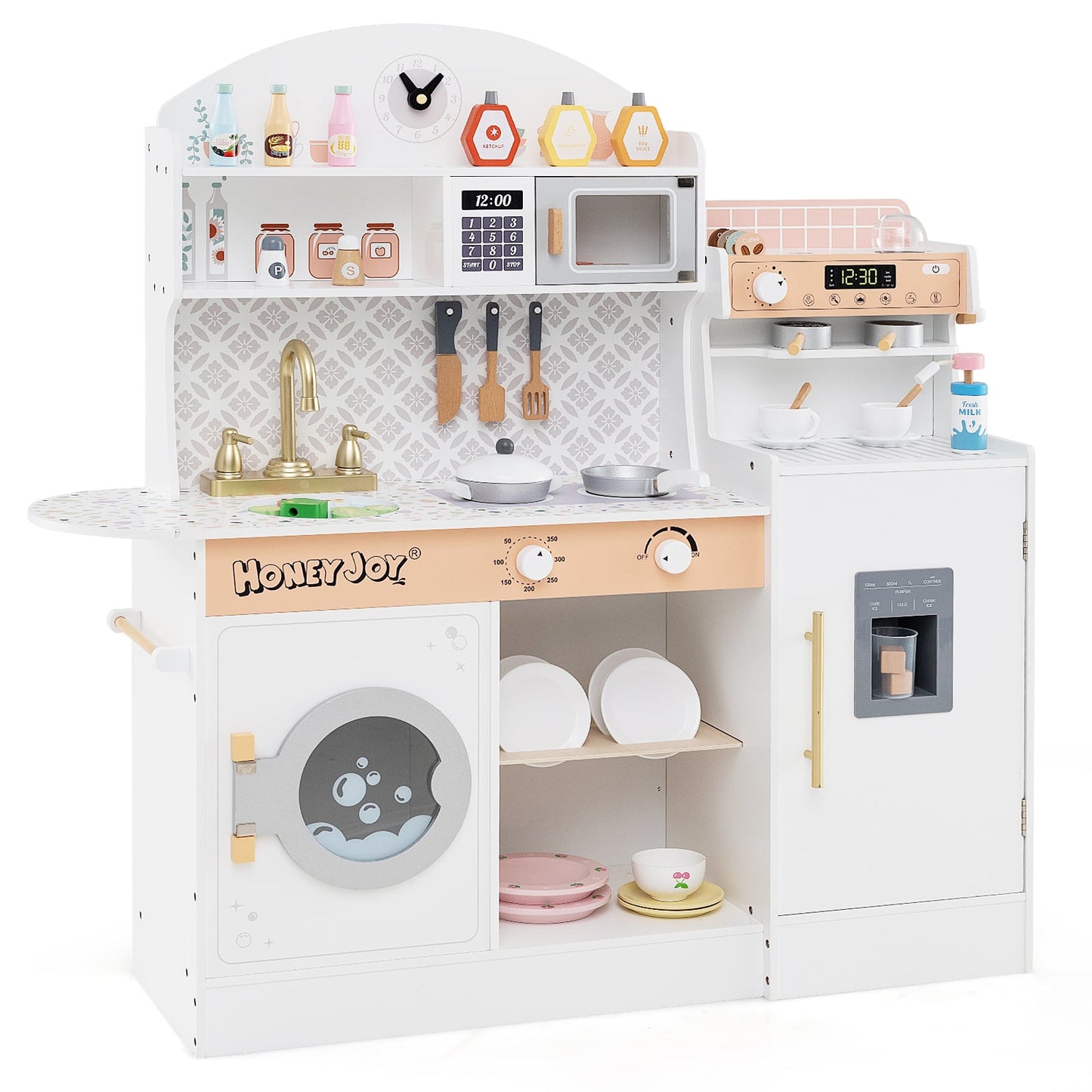 Wooden Kitchen Playset with Clock and Microwave-White