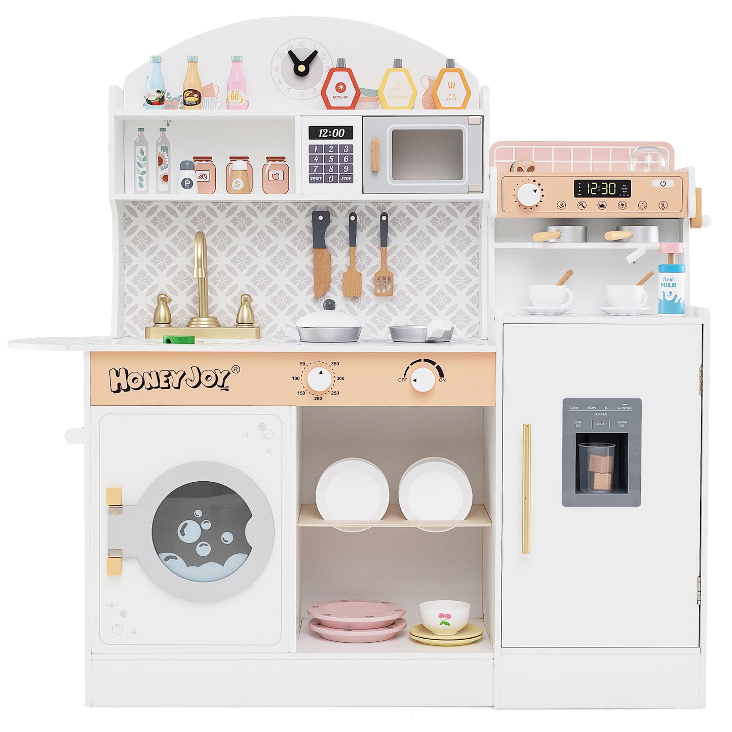 Wooden Kitchen Playset with Clock and Microwave-White