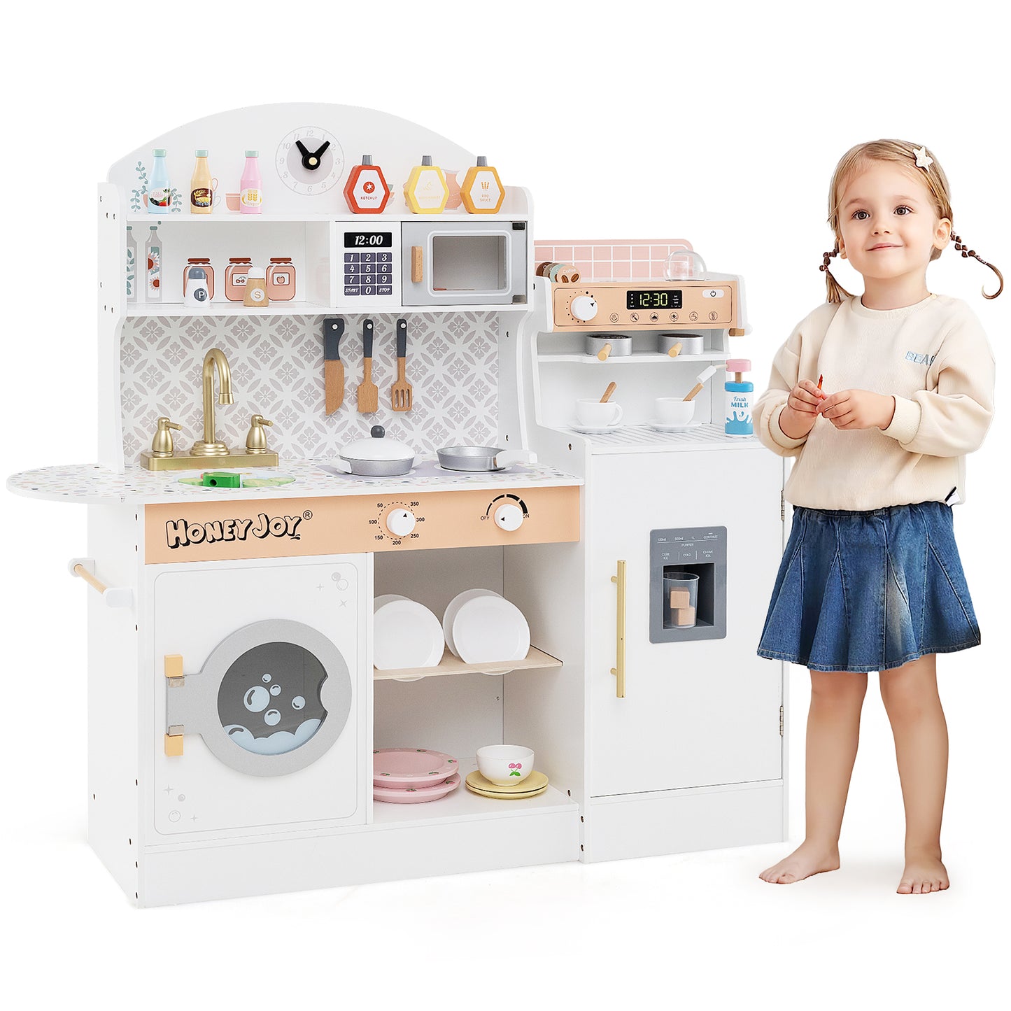 Wooden Kitchen Playset with Clock and Microwave-White