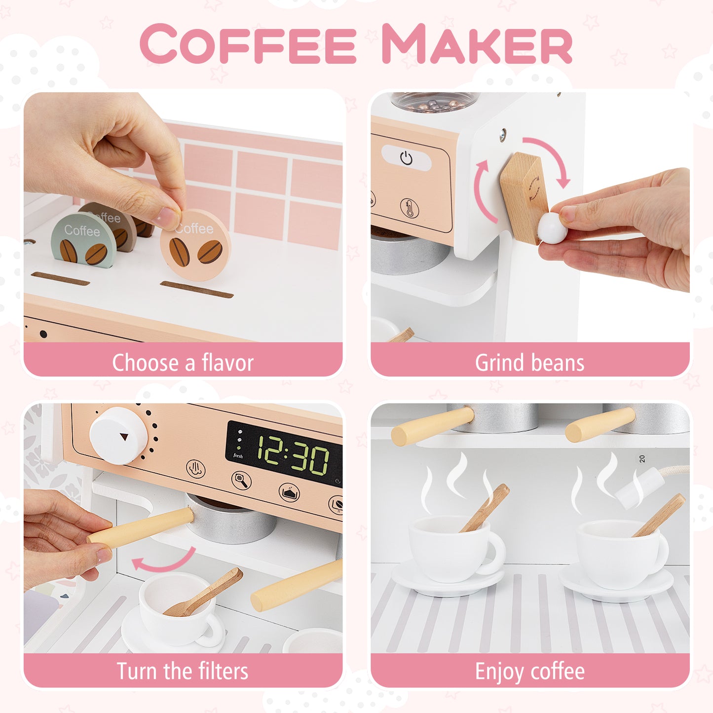 Wooden Kitchen Playset with Clock and Microwave-White