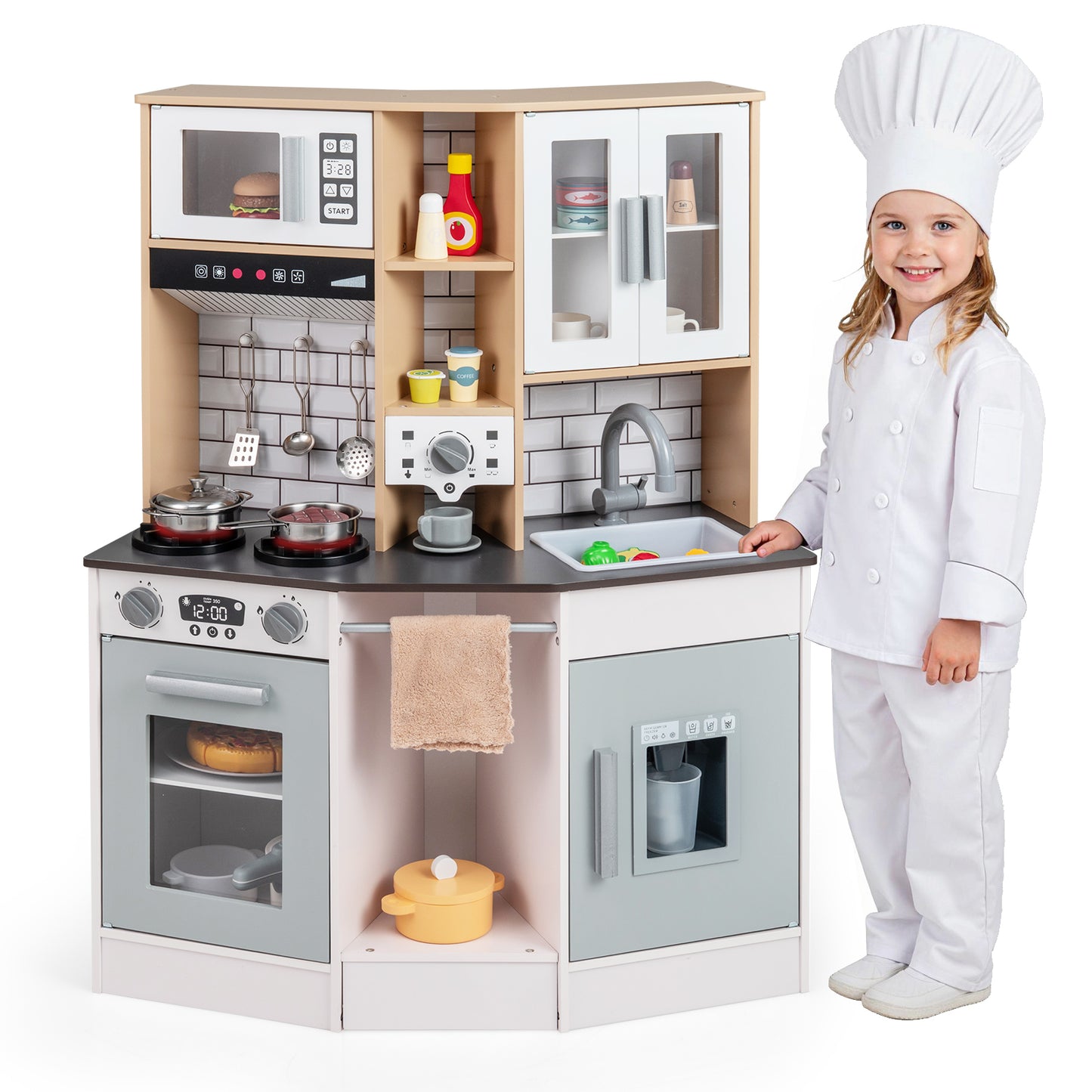 Wooden Kitchen Playset with Sound and Light for Boys Girls-Gray & White