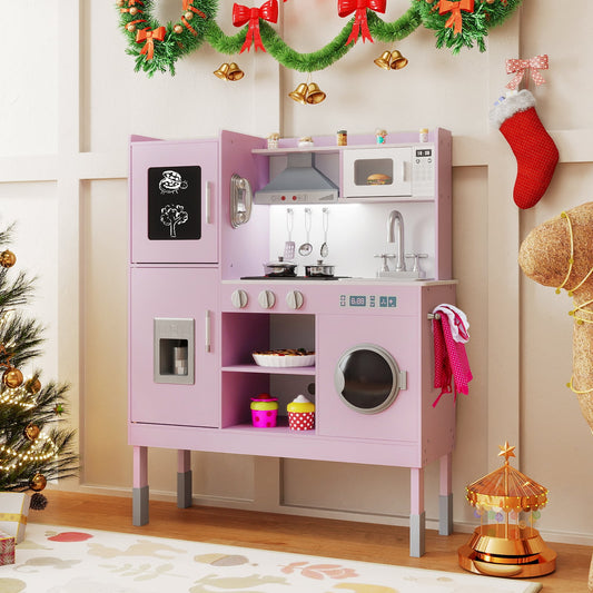 Wooden Kitchen Toy Set with 16 Pieces Accessories and Real Sounds-Pink