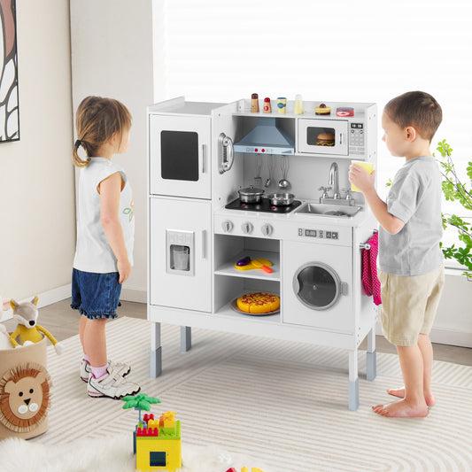 Wooden Kitchen Toy Set with 16 Pieces Accessories and Real Sounds-White