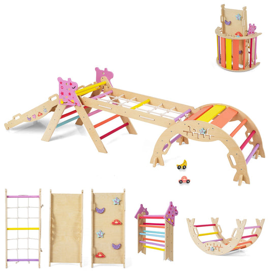Wooden Montessori Climbing Set with Climbing Rope and Ladder-Colourful