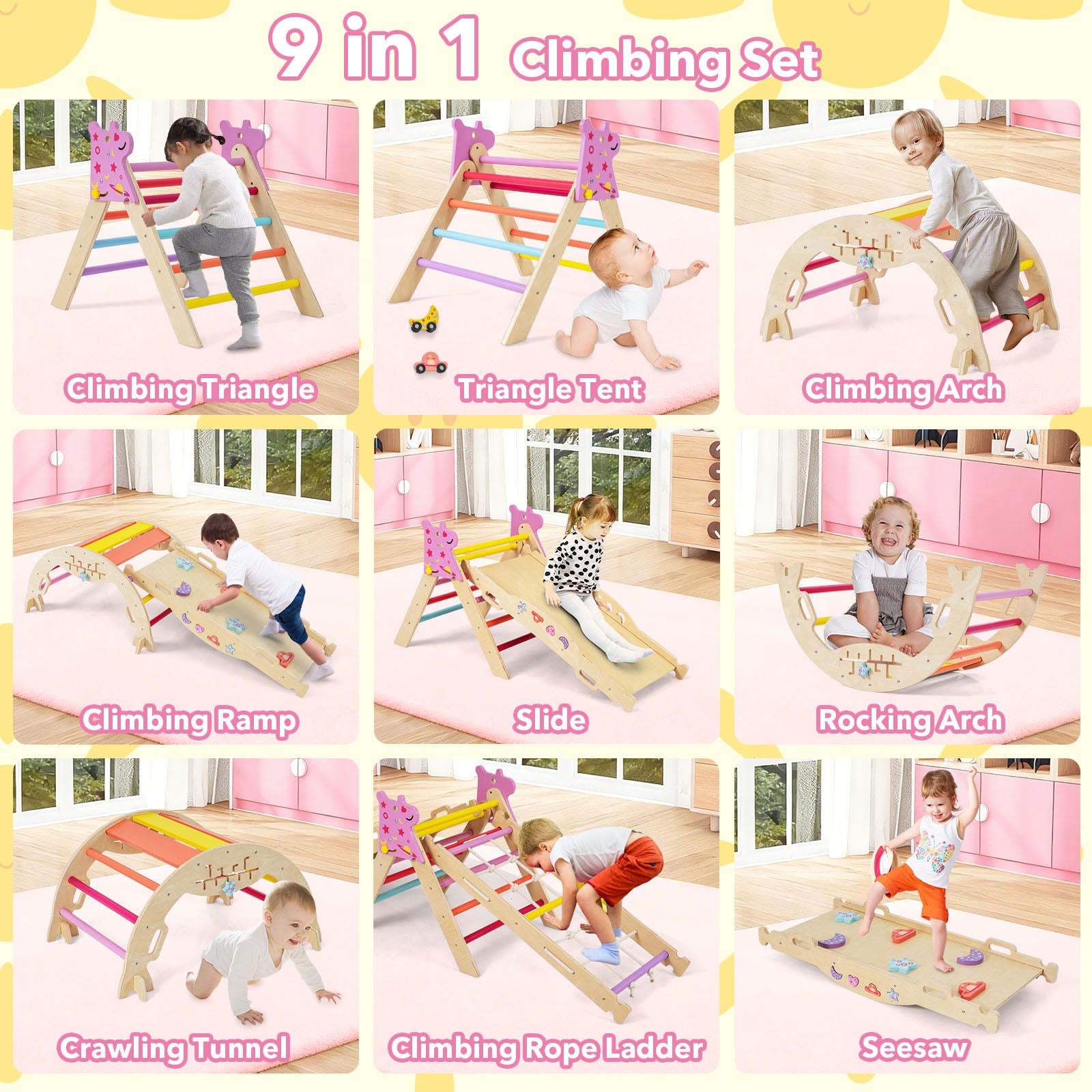 Wooden Montessori Climbing Set with Climbing Rope and Ladder-Colourful