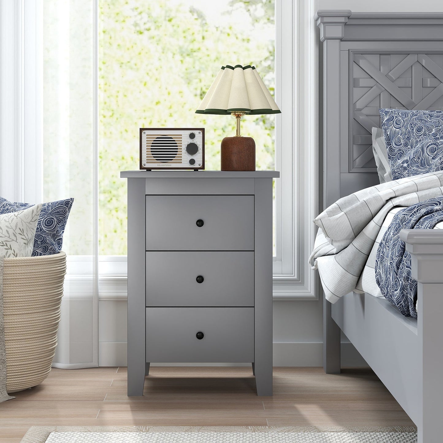 Wooden Nightstand with 3 Drawers and Stable Structure-Grey