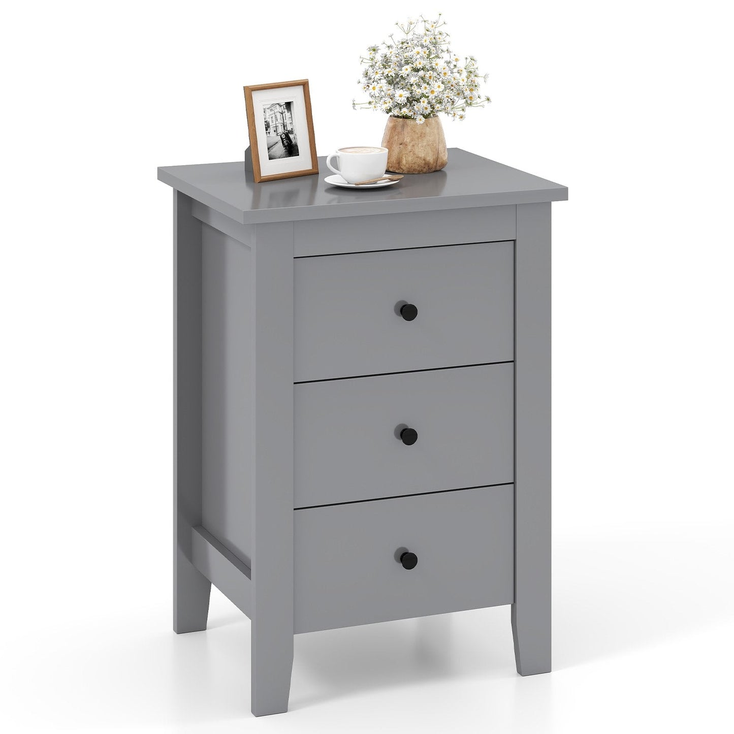 Wooden Nightstand with 3 Drawers and Stable Structure-Grey