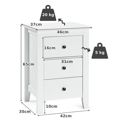 طاولة جانبية خشبية بثلاثة أدراج وهيكل مستقر - أبيض