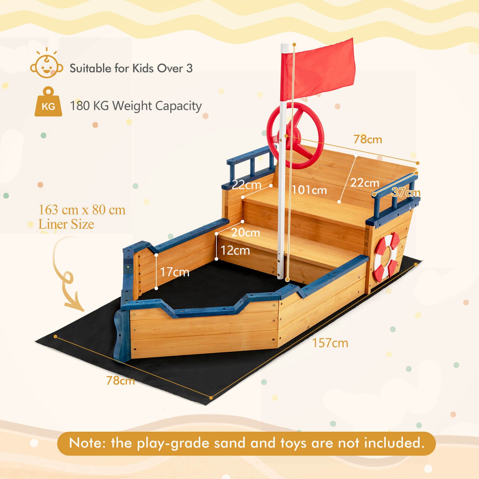 Wooden Pirate Sandboat with Bench Seat and Flag