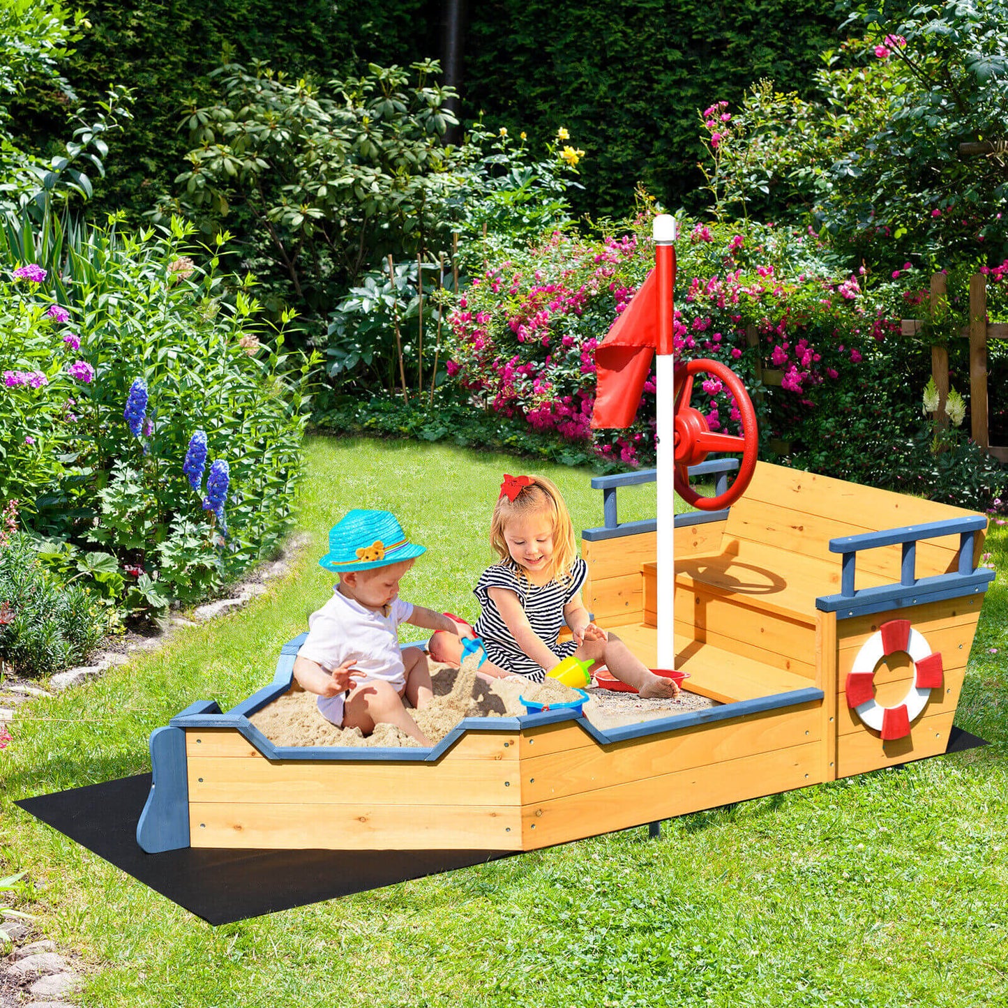 Wooden Pirate Sandboat with Bench Seat and Flag