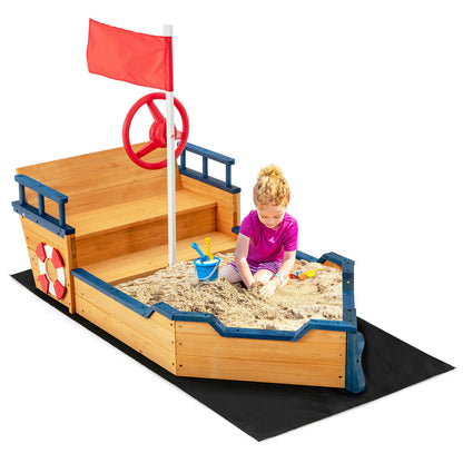 Wooden Pirate Sandboat with Bench Seat and Flag