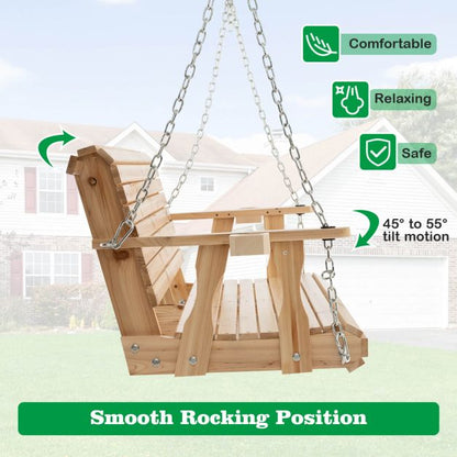 2-seater swing bench made of wood, loadable up to 240 kg, garden swing with cup holders, natural
