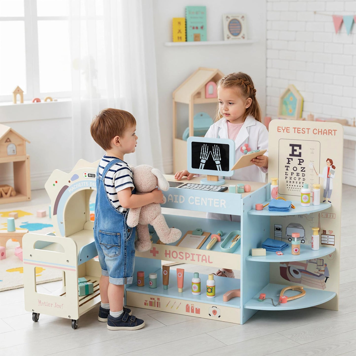 Wooden Pretend Hospital Office Kit with Eye Chart and Toy CT Machine-Blue