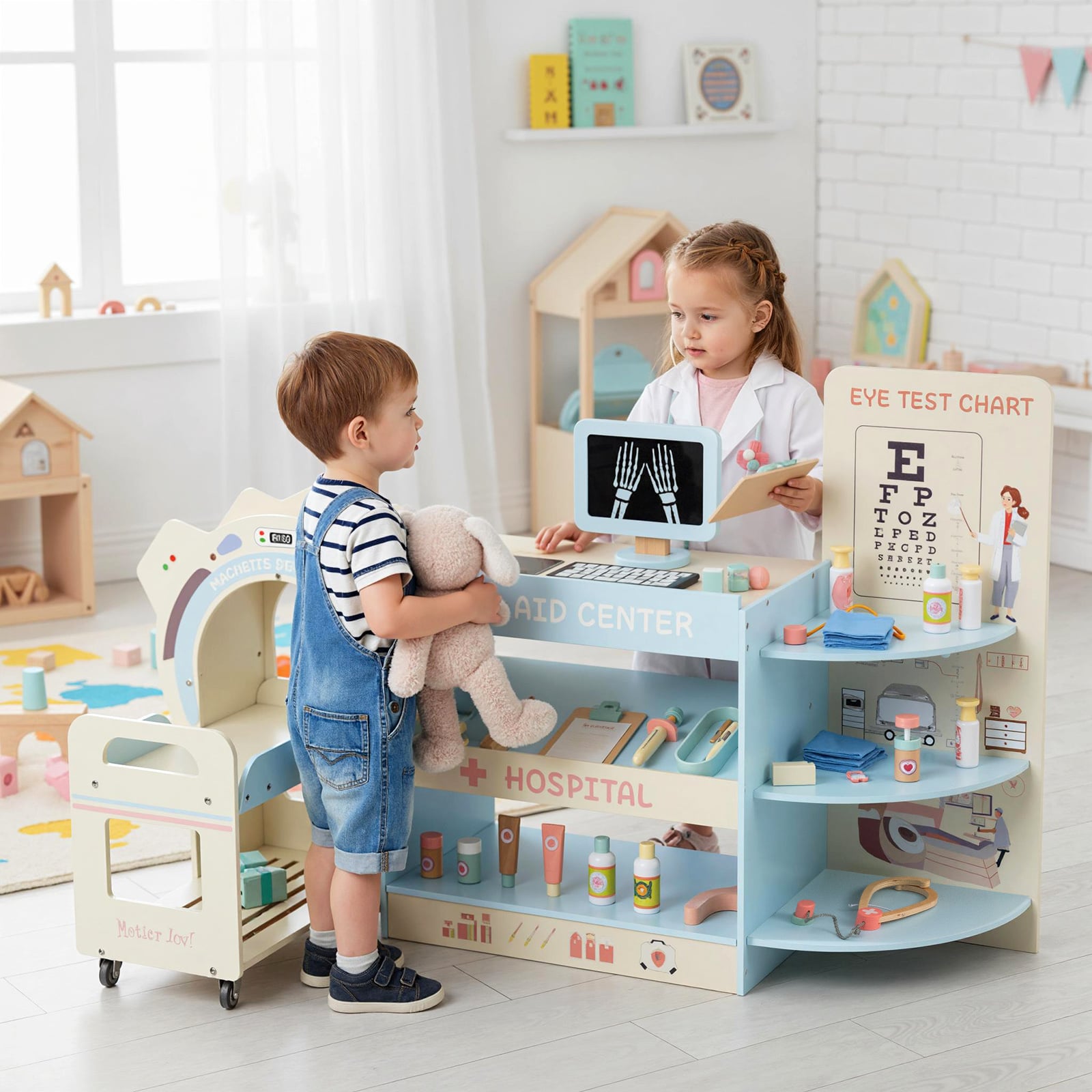 Wooden Pretend Hospital Office Kit with Eye Chart and Toy CT Machine-Blue