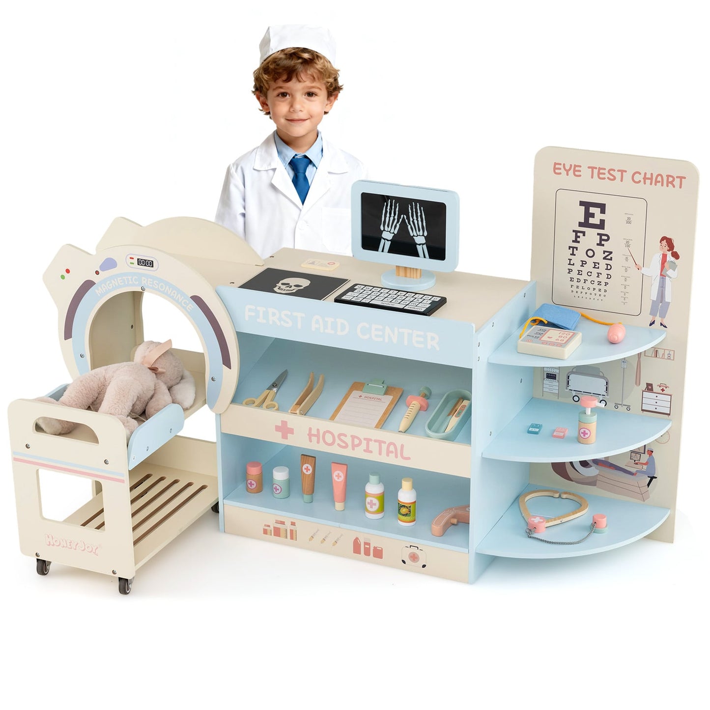 Wooden Pretend Hospital Office Kit with Eye Chart and Toy CT Machine-Blue