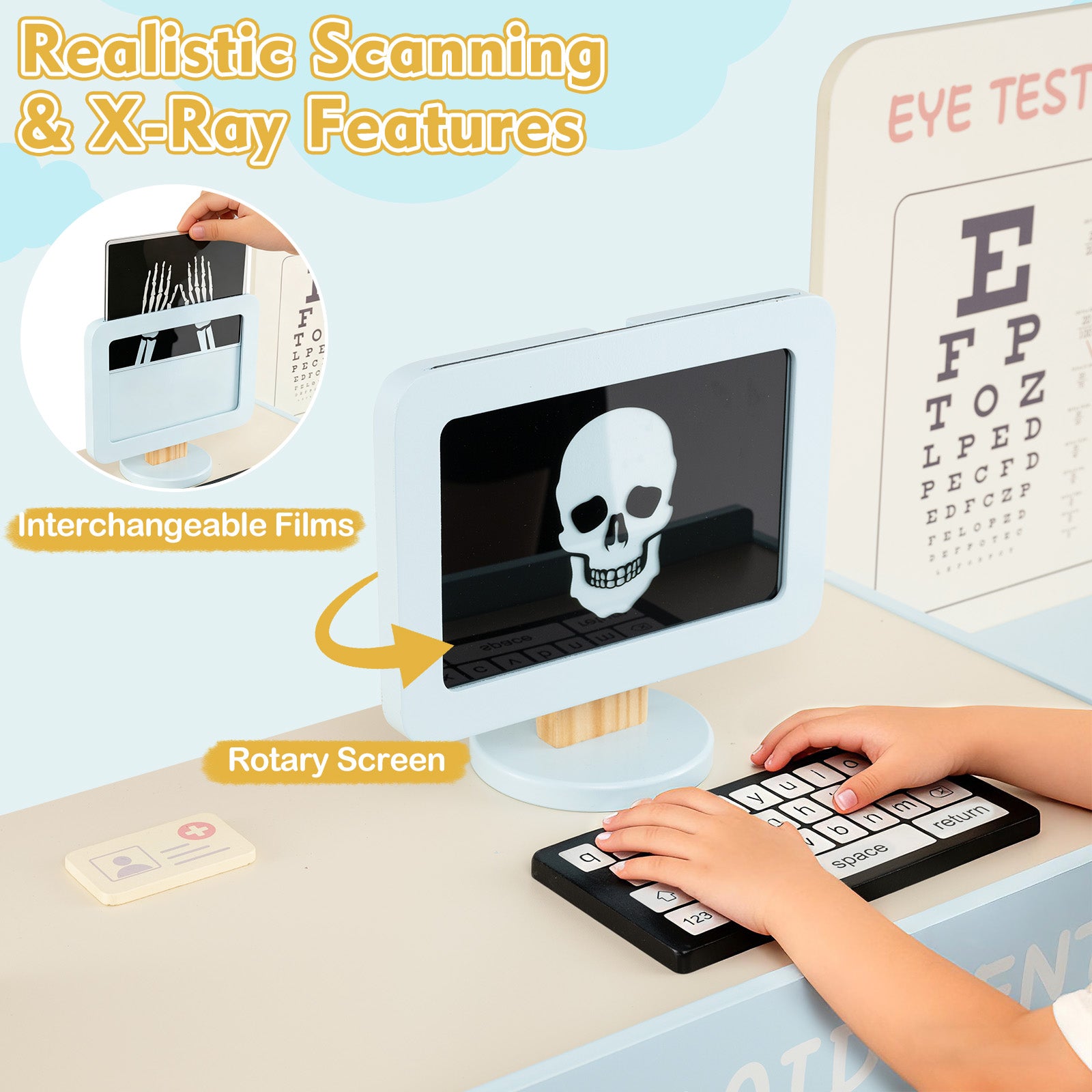 Wooden Pretend Hospital Office Kit with Eye Chart and Toy CT Machine-Blue