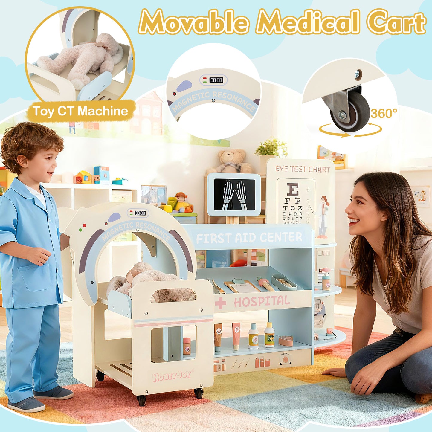 Wooden Pretend Hospital Office Kit with Eye Chart and Toy CT Machine-Blue