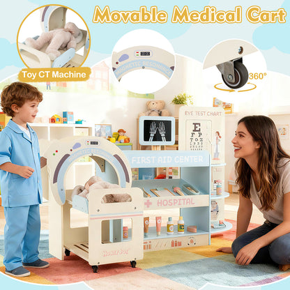 Wooden Pretend Hospital Office Kit with Eye Chart and Toy CT Machine-Blue