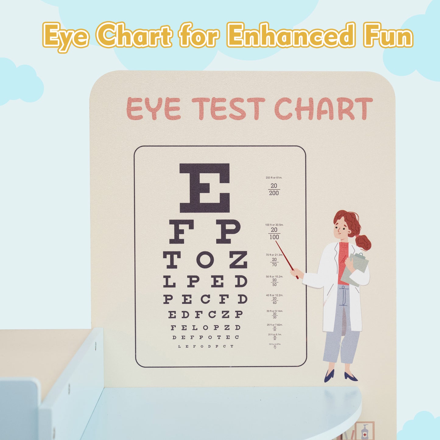 Wooden Pretend Hospital Office Kit with Eye Chart and Toy CT Machine-Blue