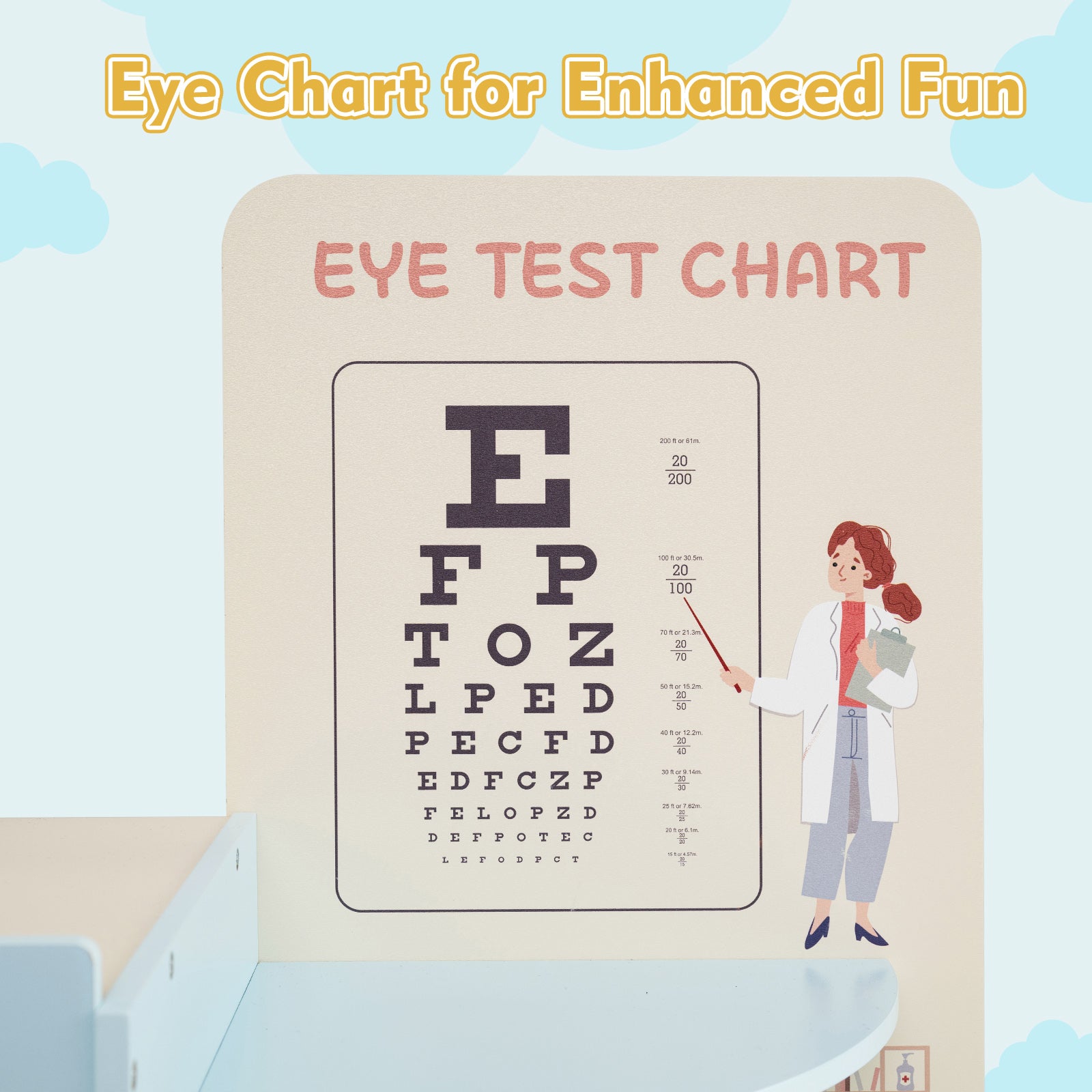 Wooden Pretend Hospital Office Kit with Eye Chart and Toy CT Machine-Blue