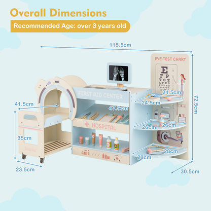 Wooden Pretend Hospital Office Kit with Eye Chart and Toy CT Machine-Blue