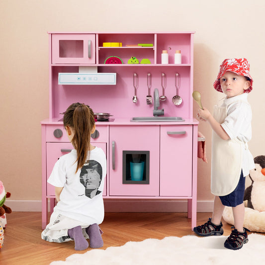 Wooden Kids Play Kitchen Set with Microwave Stoves Oven-Pink