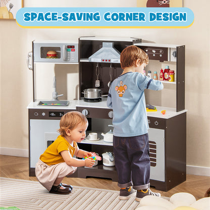 Wooden Pretend Play Kitchen with Real Sounds and Lights-Brown
