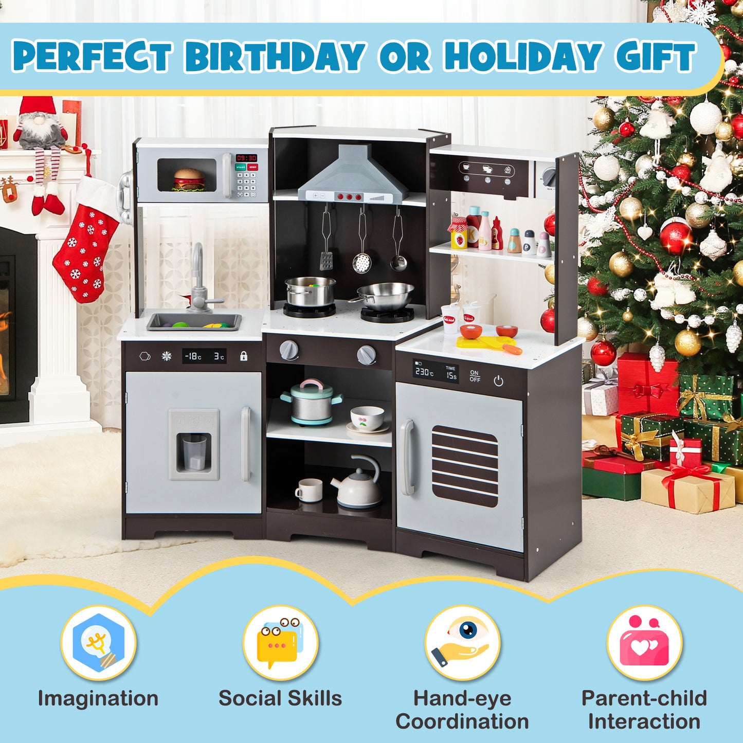 Wooden Pretend Play Kitchen with Real Sounds and Lights-Brown