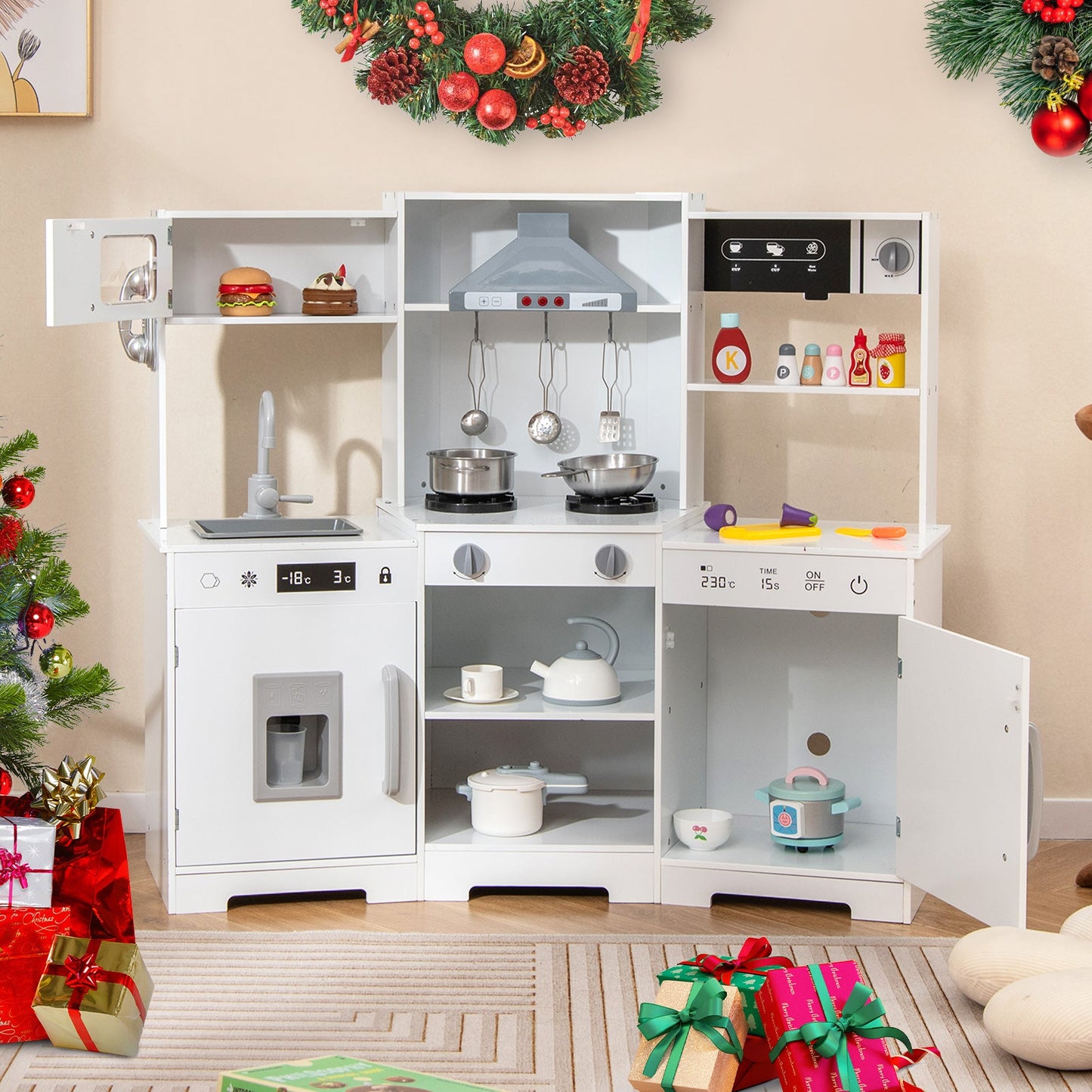 Wooden Pretend Play Kitchen with Real Sounds and Lights-White