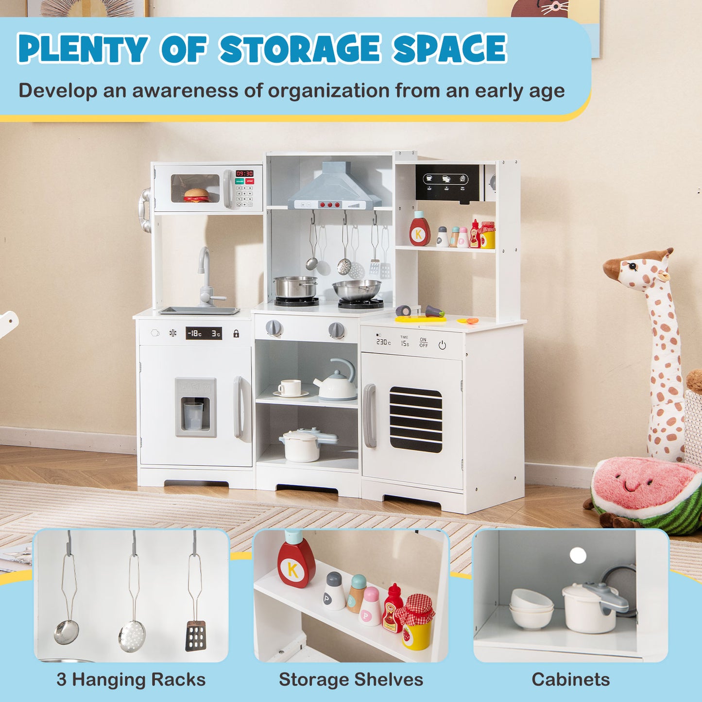 Wooden Pretend Play Kitchen with Real Sounds and Lights-White