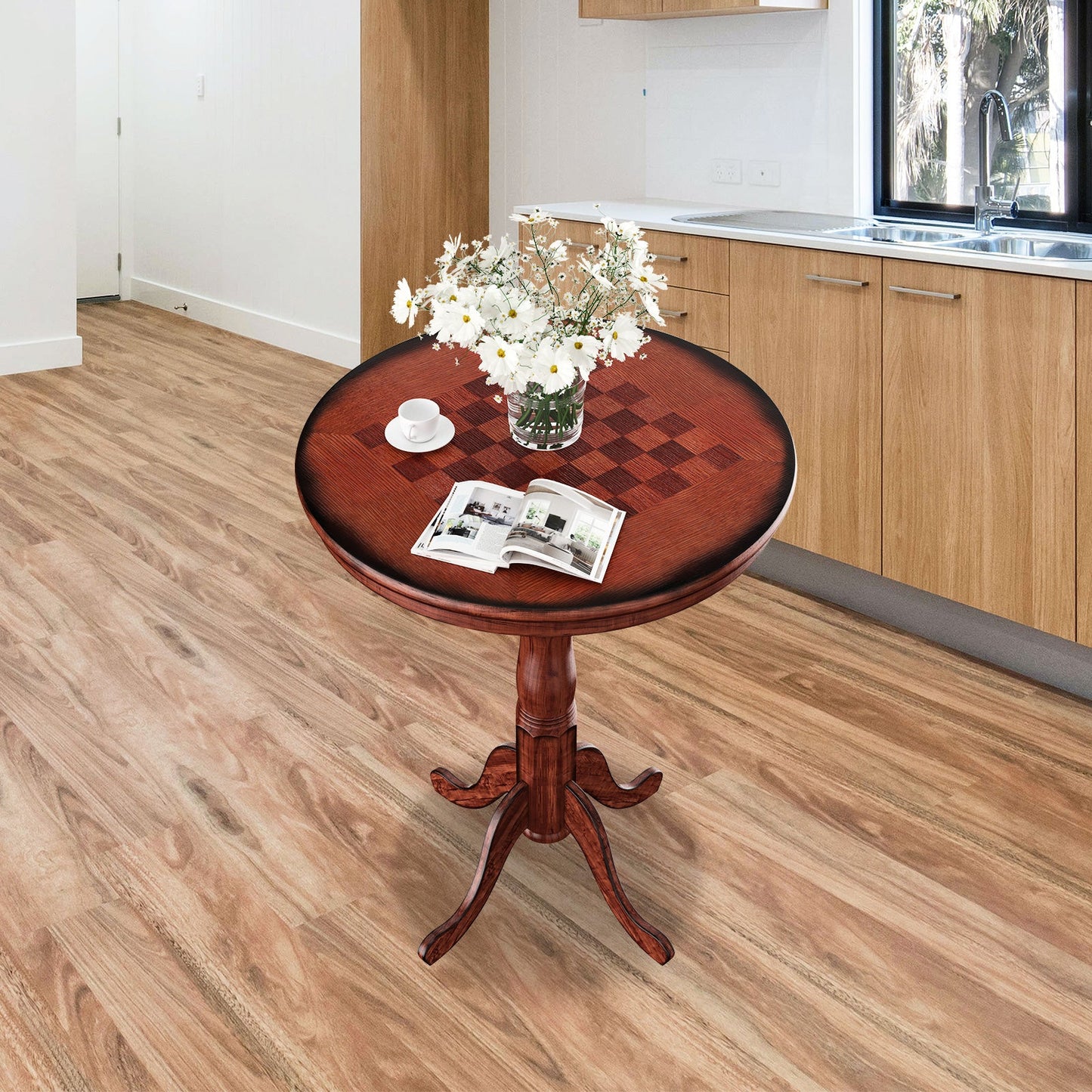 Wooden Pub Pedestal Dining Table with Stable Base and Spacious Tabletop