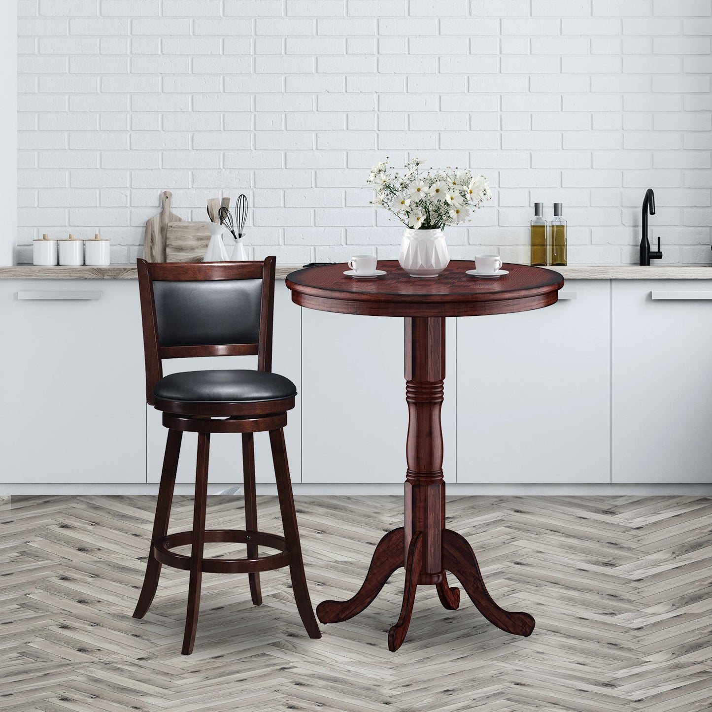 Wooden Pub Pedestal Dining Table with Stable Base and Spacious Tabletop