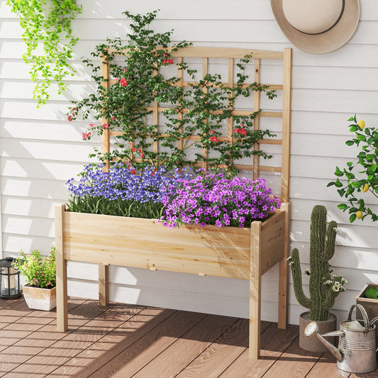 Wooden Raised Garden Bed with Lattice Trellis and Drainage Holes-Natural