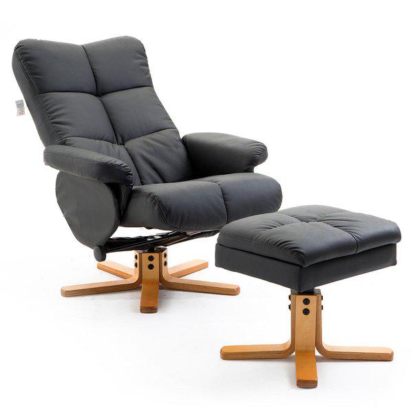 Wooden Recliner PU Leather Chair Ottoman Footrest Adjustable Base Swivel W/Stool - Black