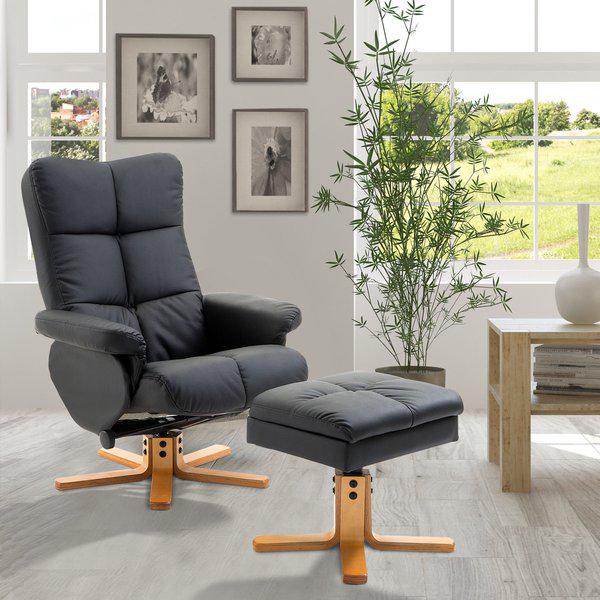 Wooden Recliner PU Leather Chair Ottoman Footrest Adjustable Base Swivel W/Stool - Black