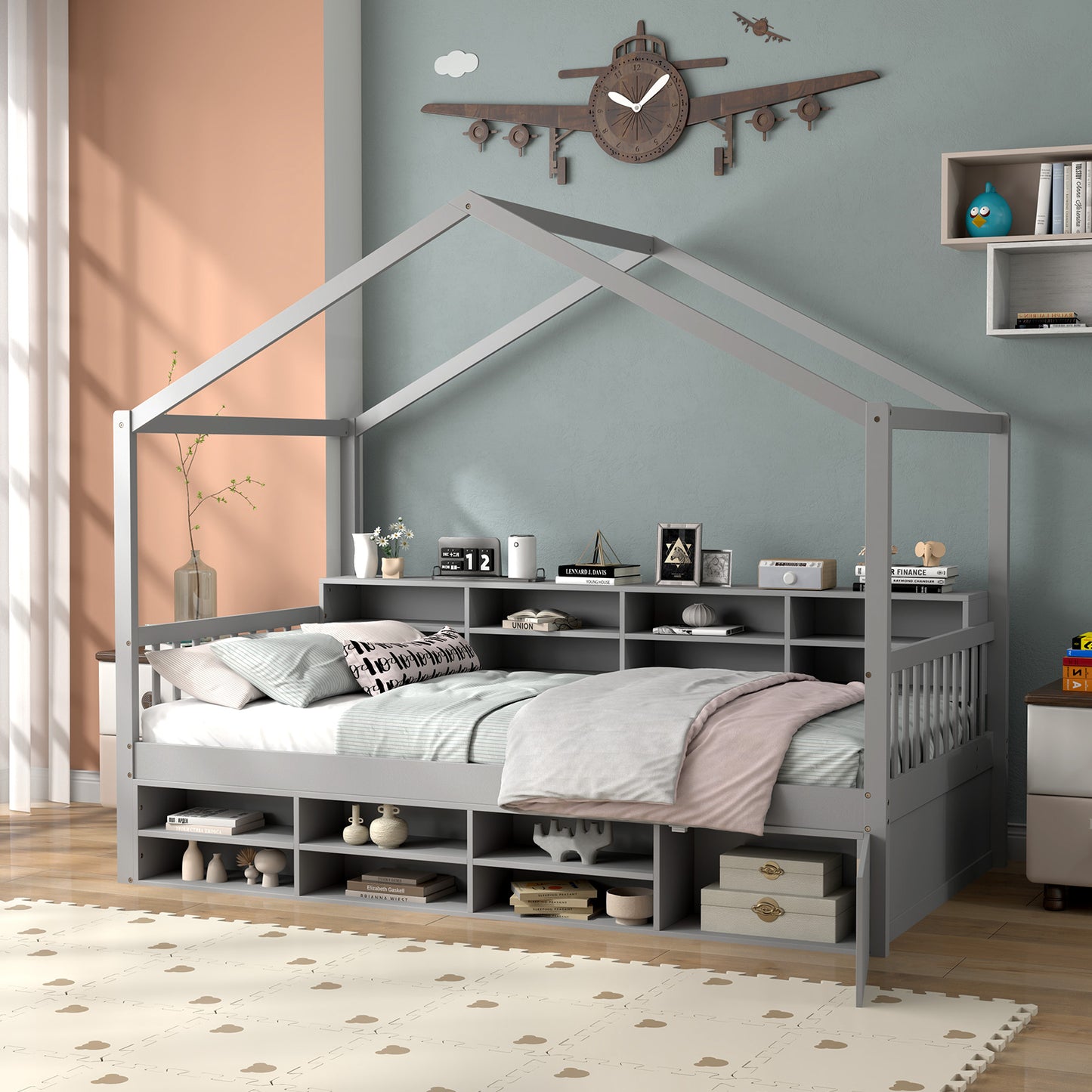 Wooden Single Size House Bed with Roof and 14 Storage Cubes-Grey