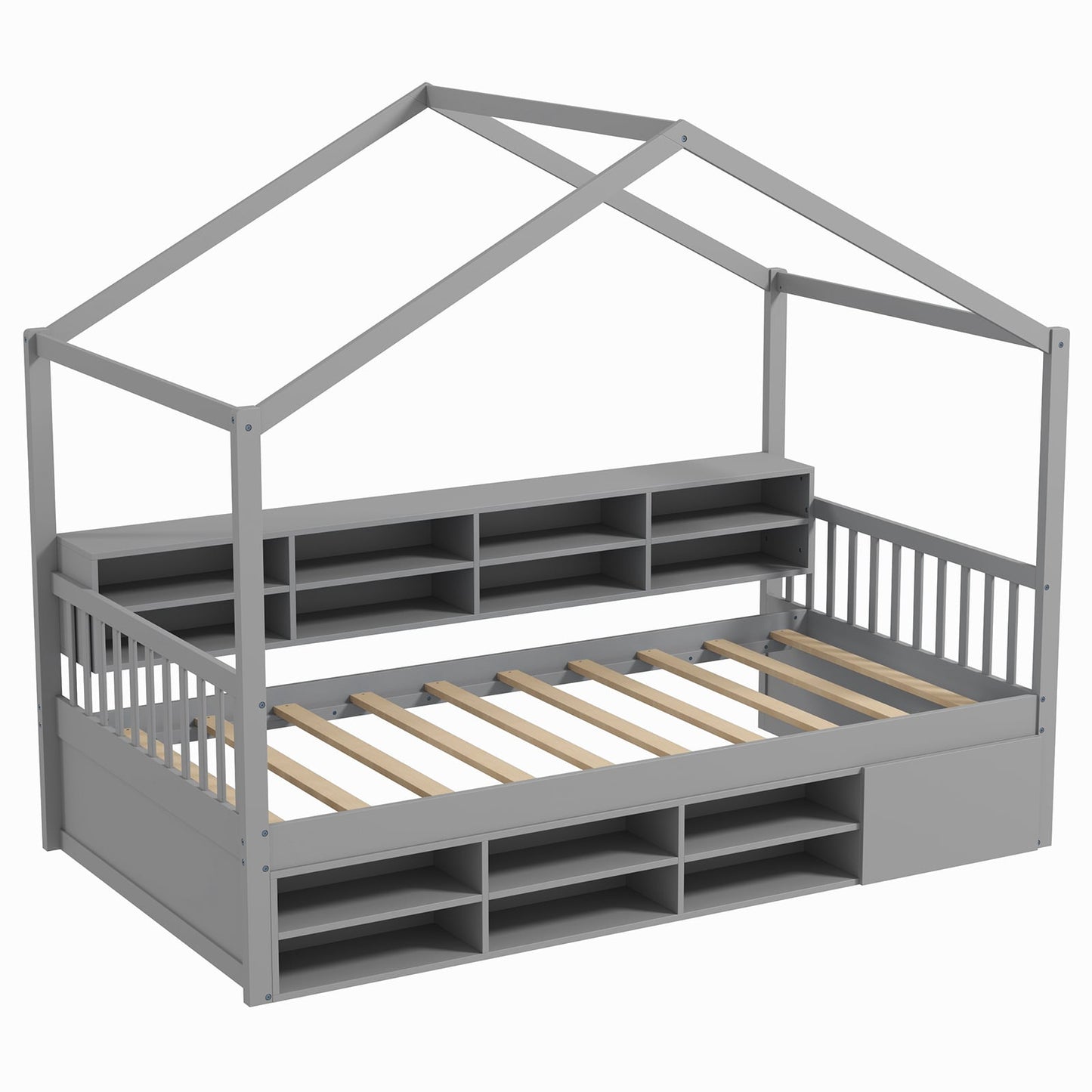 Wooden Single Size House Bed with Roof and 14 Storage Cubes-Grey