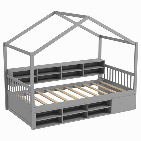 Wooden Single Size House Bed with Roof and 14 Storage Cubes-Grey