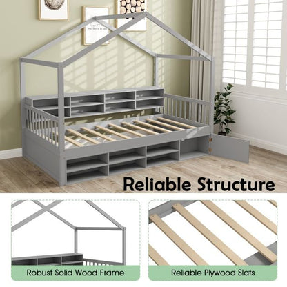 Wooden Single Size House Bed with Roof and 14 Storage Cubes-Grey