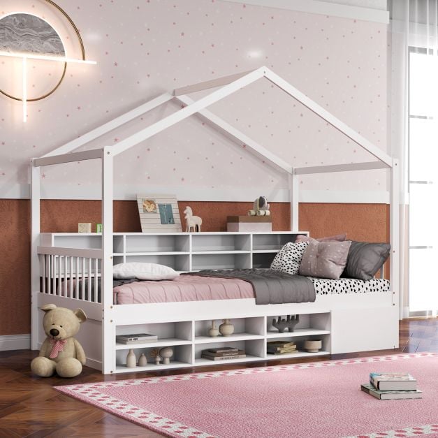 Wooden Single Size House Bed with Roof and 14 Storage Cubes-White