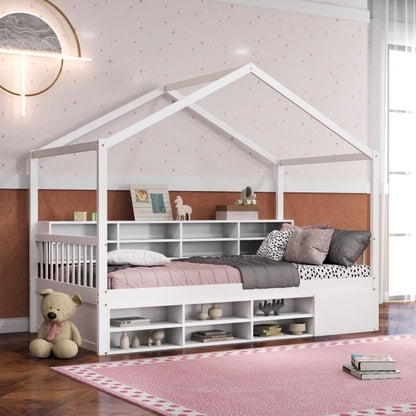 Wooden Single Size House Bed with Roof and 14 Storage Cubes-White