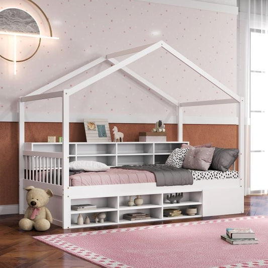 Wooden Single Size House Bed with Roof and 14 Storage Cubes-White