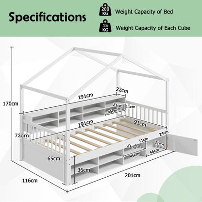 Wooden Single Size House Bed with Roof and 14 Storage Cubes-White