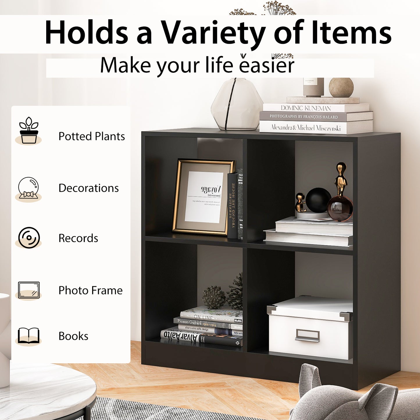 4-cube Wooden Storage Cabinet with Anti-Toppling Device -Black