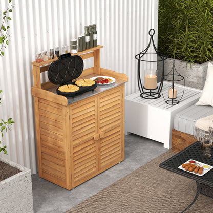 Wooden Storage Cabinet with Galvanized Metal Countertop-Natural