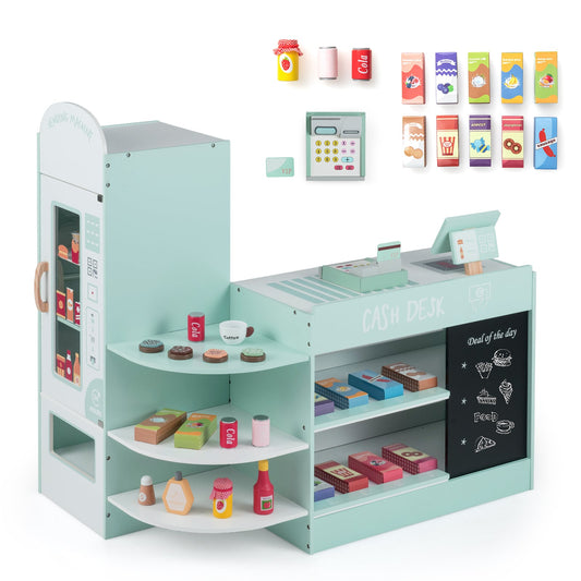 Wooden Supermarket Play Toy Set with Cash Register and POS Machine-Green
