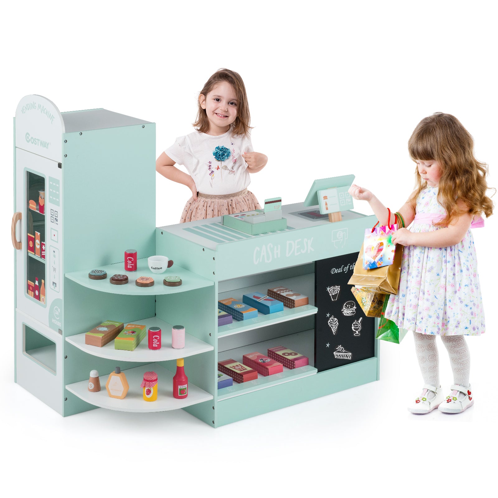 Wooden Supermarket Play Toy Set with Cash Register and POS Machine-Green