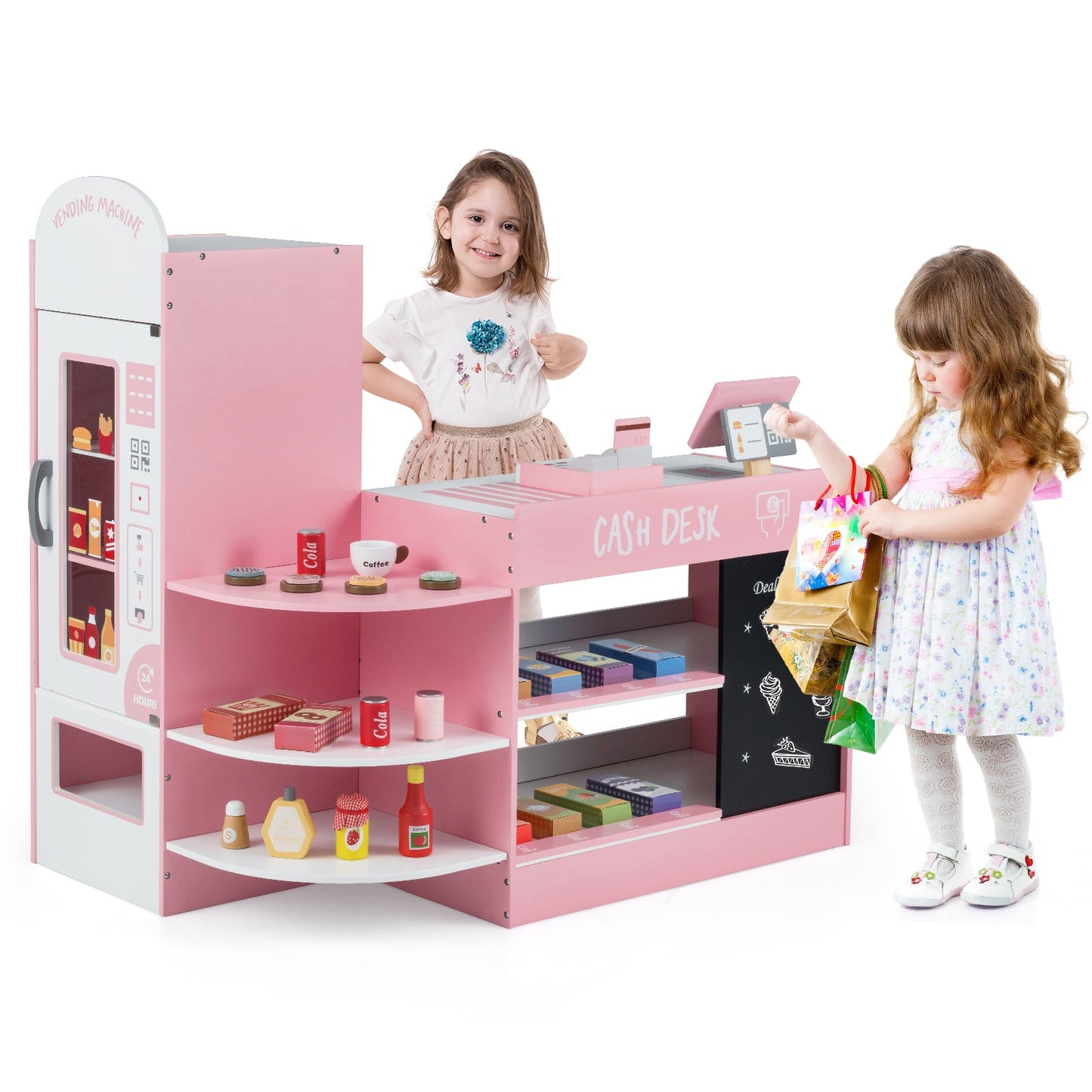 Wooden Supermarket Play Toy Set with Cash Register and POS Machine-Pink