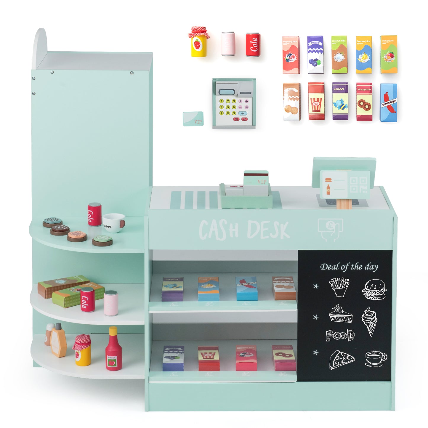 Wooden Supermarket Play Toy Set with Cash Register and POS Machine-Green